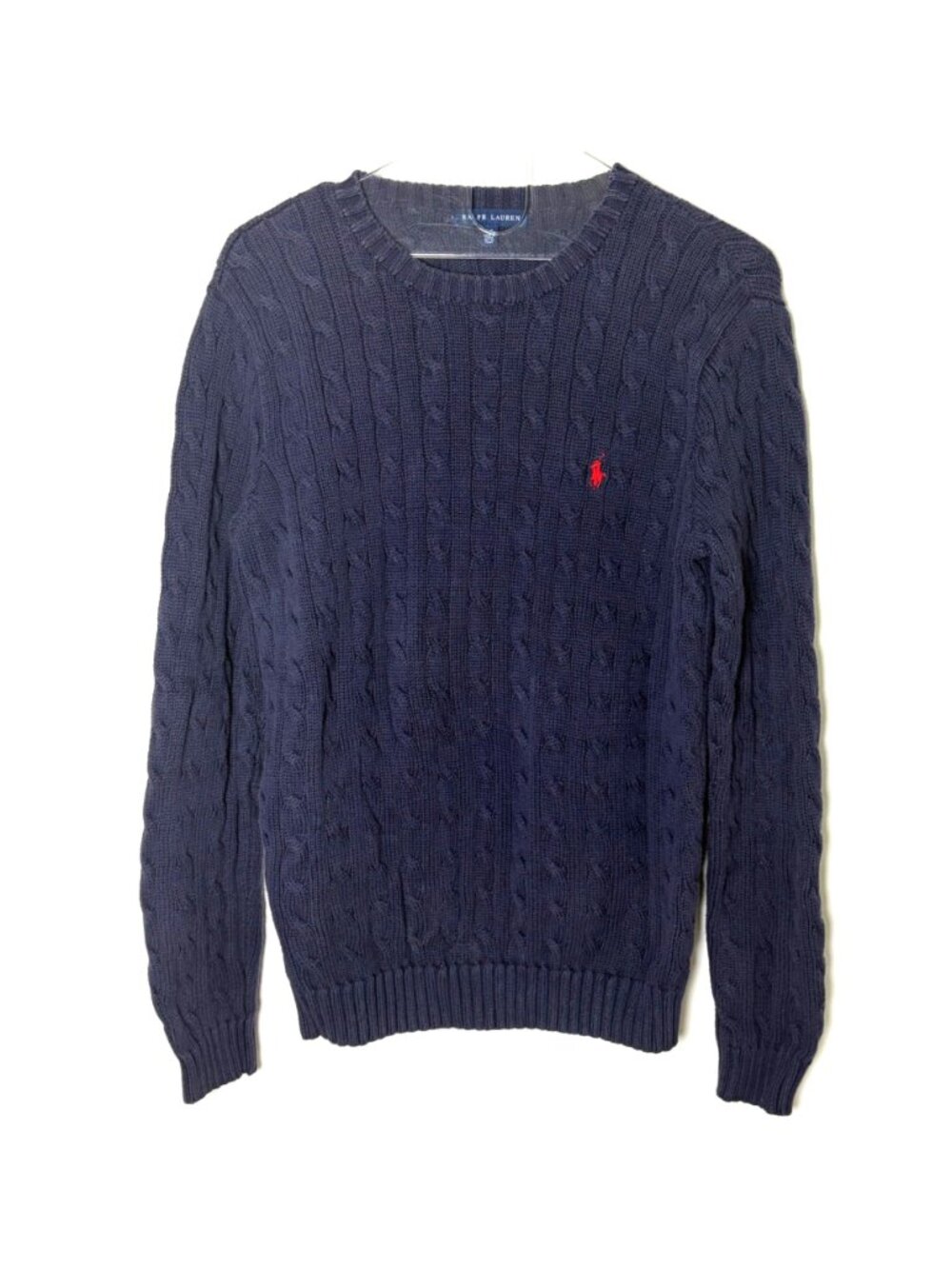 Ralph Lauren Womens Cable Knit Cotton Sweater Large Blue With Red Pony Logo - Picture 2 of 7